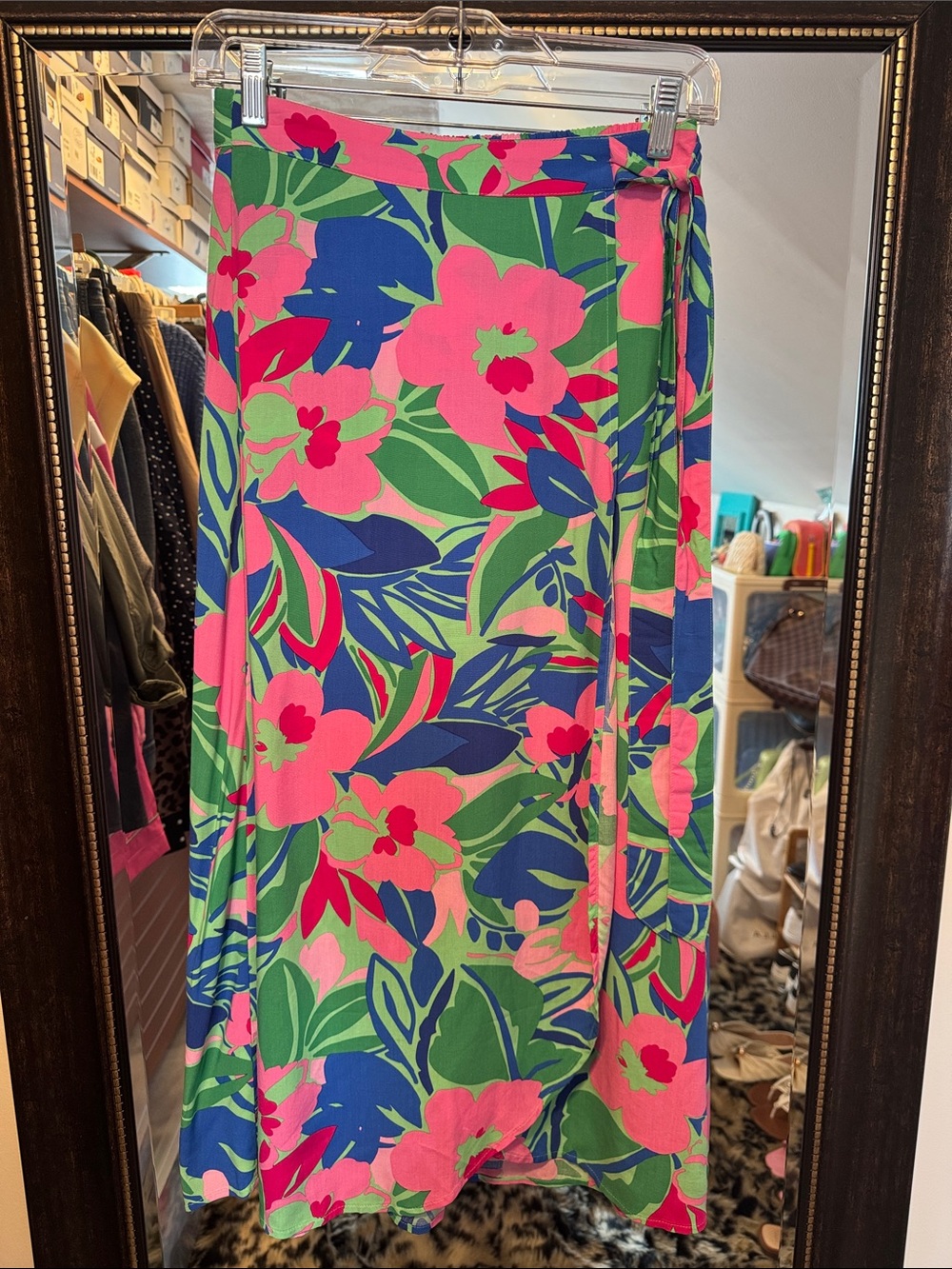 Vibrant Floral Wrap Midi Skirt - Pink & Green